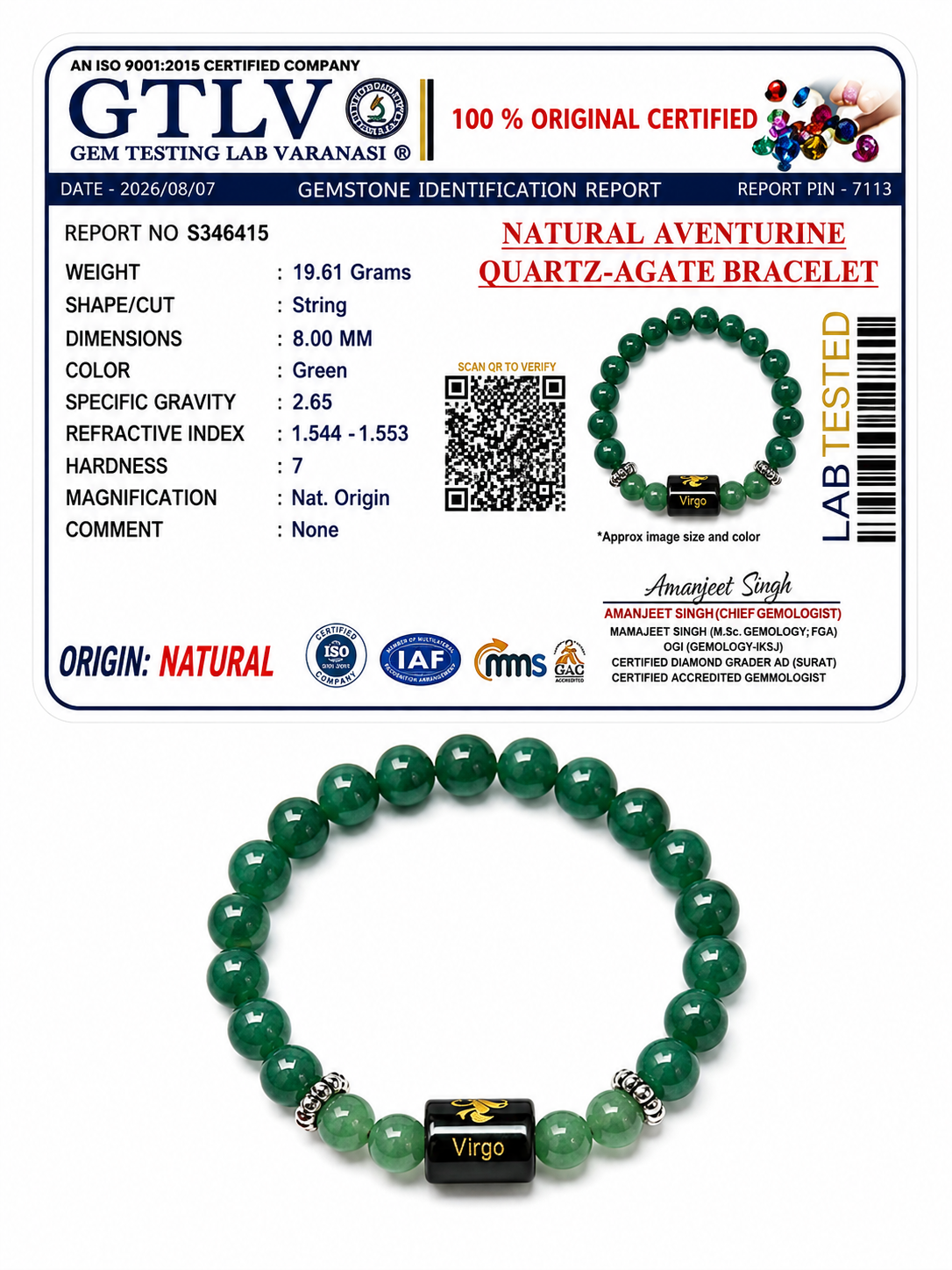 Aventurine Quartz Zodiac Bracelet 8MM | Wisdom, Healing & Growth – कन्या राशि (Virgo)
