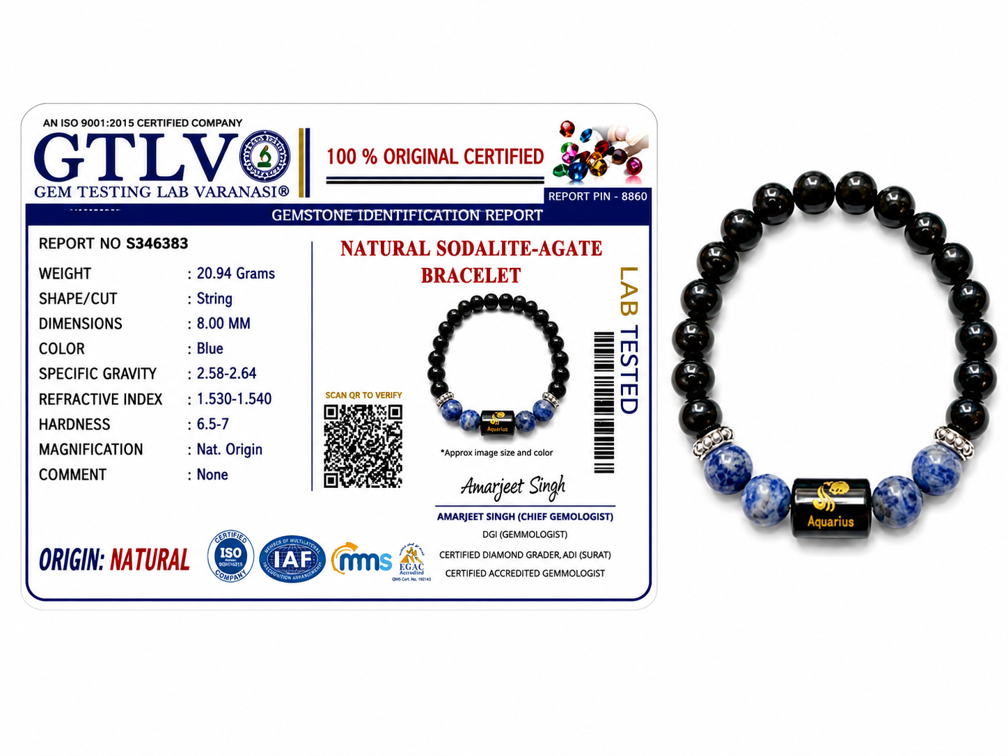 Sodalite Zodiac Bracelet 8MM | Intuition, Innovation & Luck – कुंभ राशि (Aquarius)