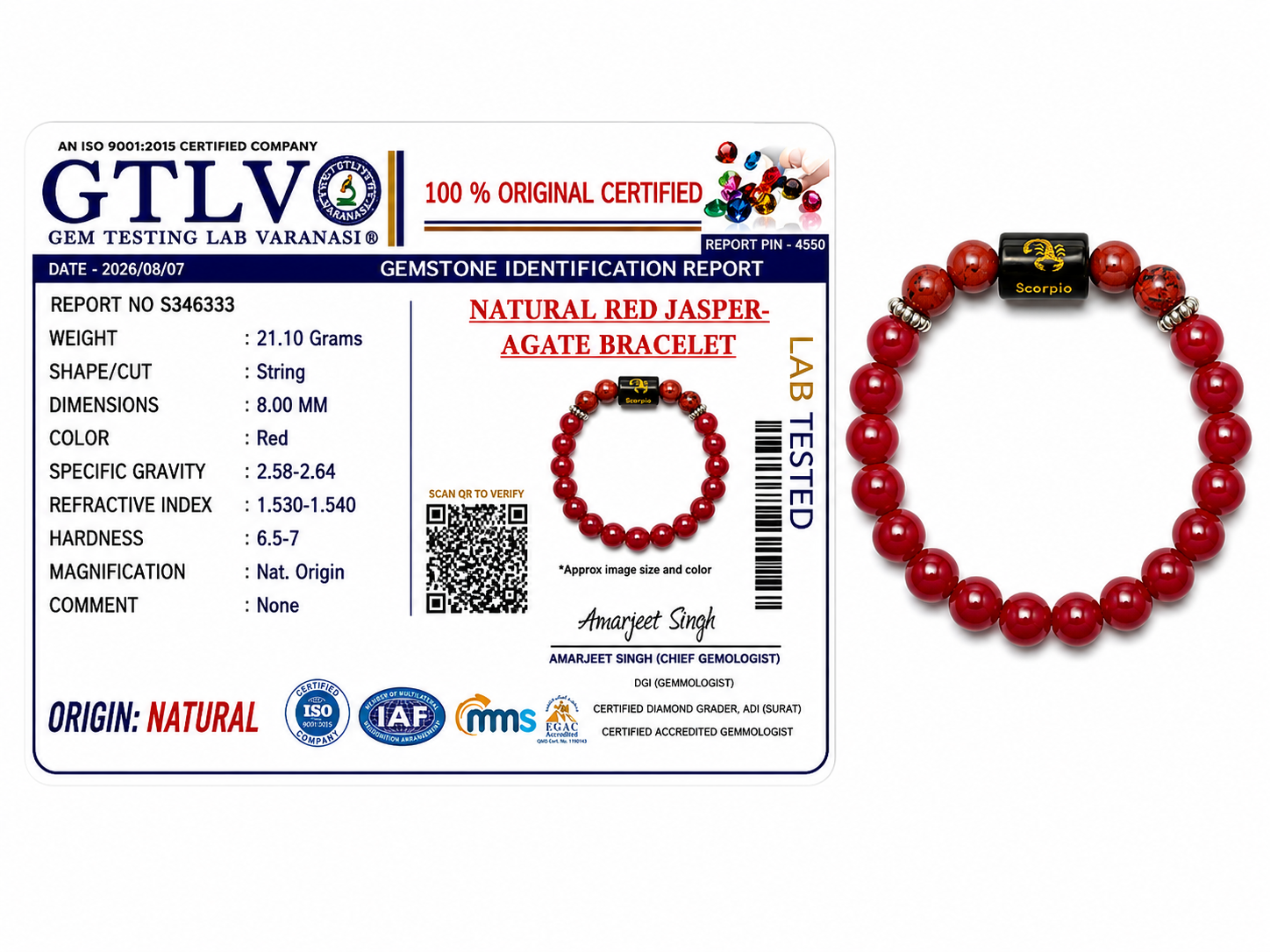 Red Jasper Zodiac Bracelet 8MM | Grounding, Transformation & Peace – वृश्चिक राशि (Scorpio)