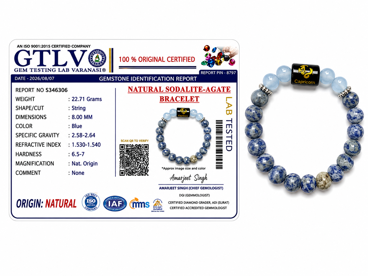 Sodalite Zodiac Bracelet 8MM | Discipline, Focus & Stability – मकर राशि (Capricorn)