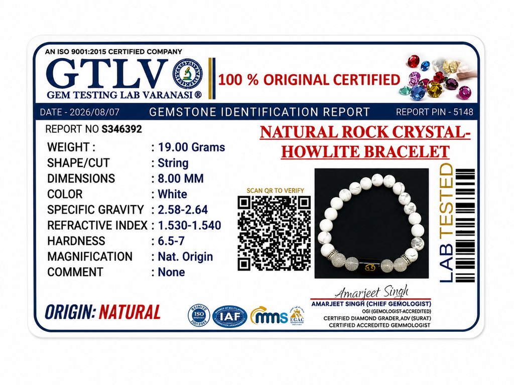 Rock Crystal Howlite Zodiac Bracelet 8MM | Peace, Balance & Calm – कर्क राशि (Cancer)