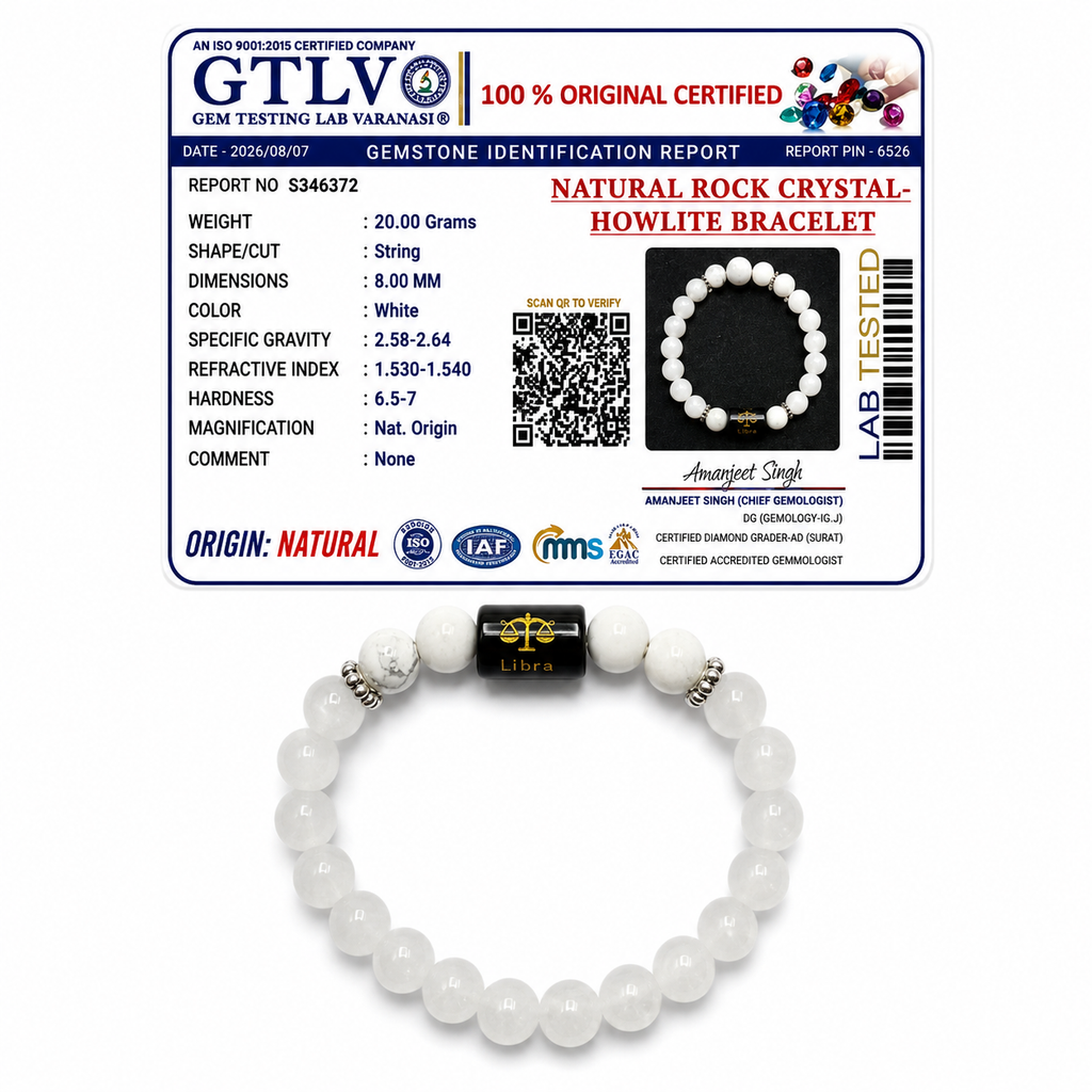 Rock Crystal Howlite Zodiac Bracelet 8MM | Harmony, Protection & Balance – तुला राशि (Libra)