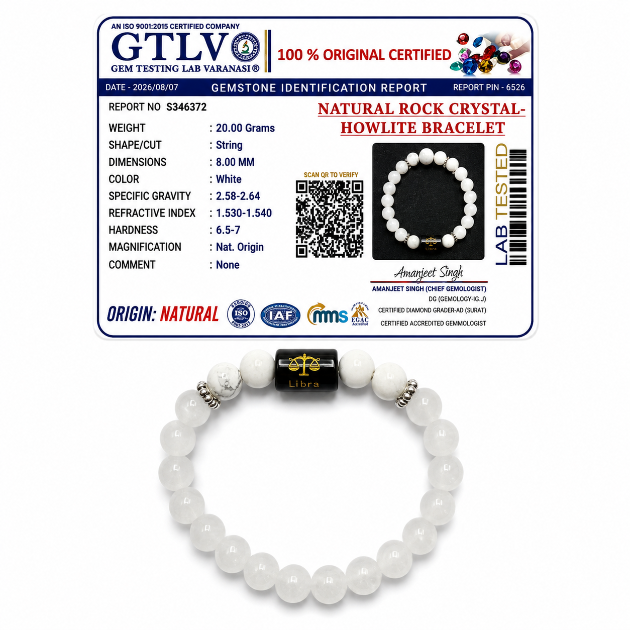 Rock Crystal Howlite Zodiac Bracelet 8MM | Harmony, Protection & Balance – तुला राशि (Libra)