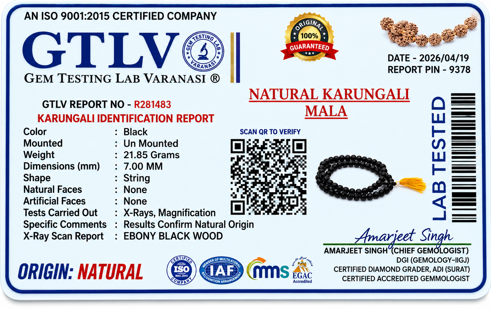 Karungali Mala 7MM 108 Beads | Natural Karungali Wood Japa Mala for Meditation, Protection & Spiritual Growth