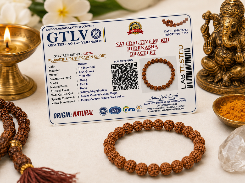 Natural 5 Mukhi Rudraksha Bracelet 7MM | Elastic Brown Beads | Spiritual Bracelet for Peace & Focus