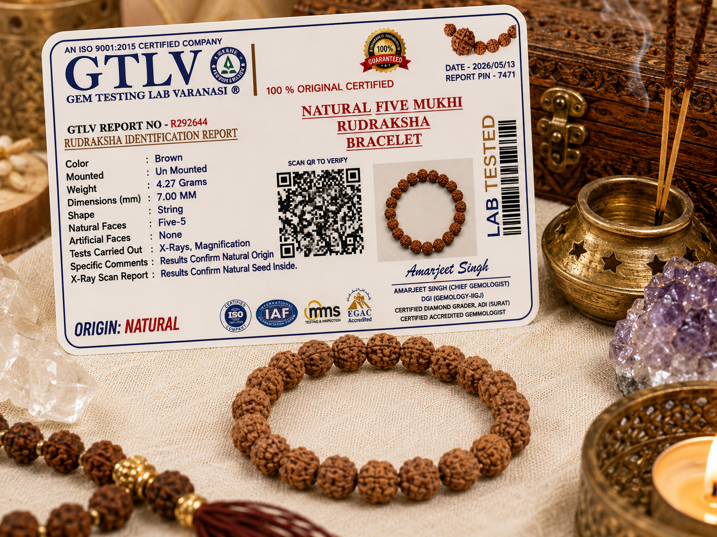 Natural Five Mukhi Rudraksha Bracelet 7MM Elastic White | Spiritual Bracelet for Peace & Focus
