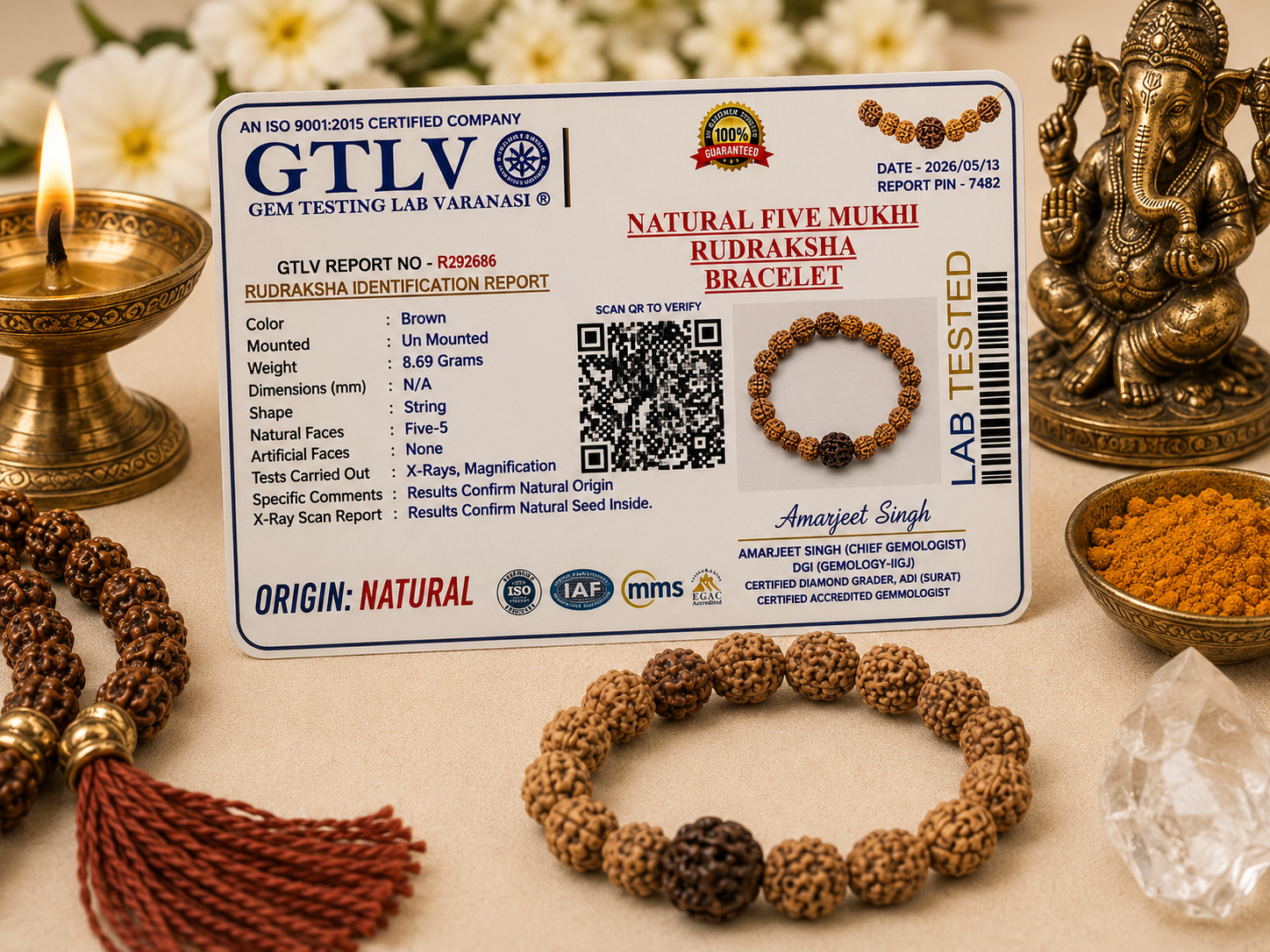 Natural Five Mukhi Rudraksha Bracelet with Premium Big Rudraksha Bead | White Elastic Bracelet