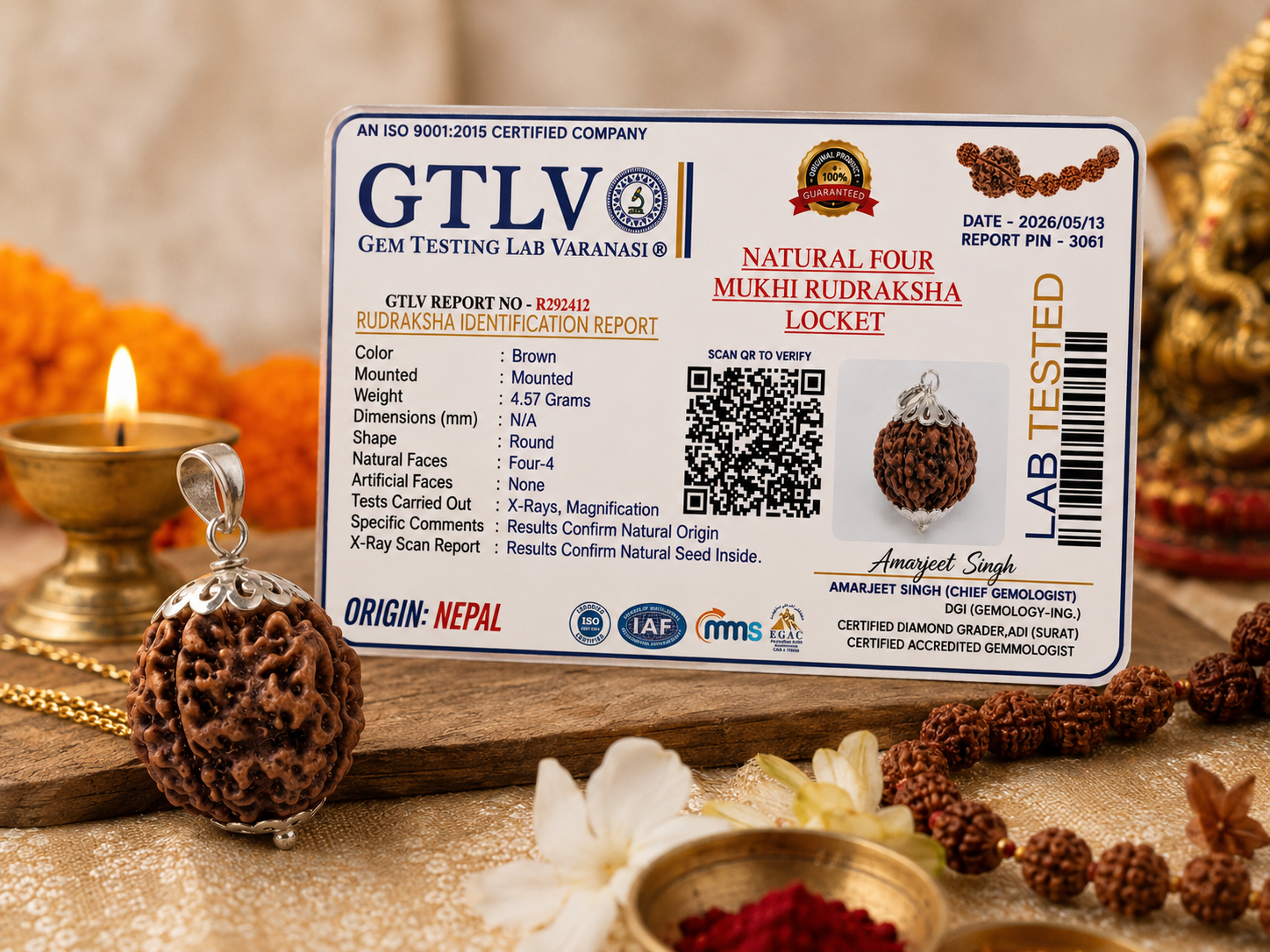 Nepali 4 Mukhi Rudraksha Locket for Wisdom, Focus & Communication | Authentic & Energized | Rudriva