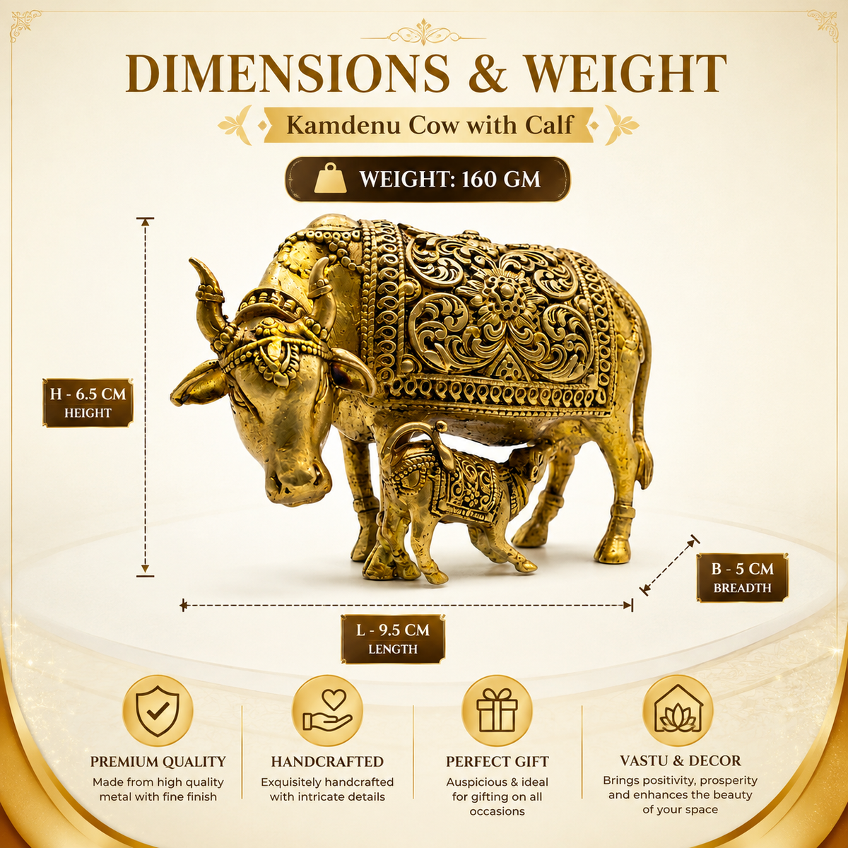 Brass Kamdhenu Cow with Calf Idol | Divine Wish-Fulfilling Cow | Home Temple
