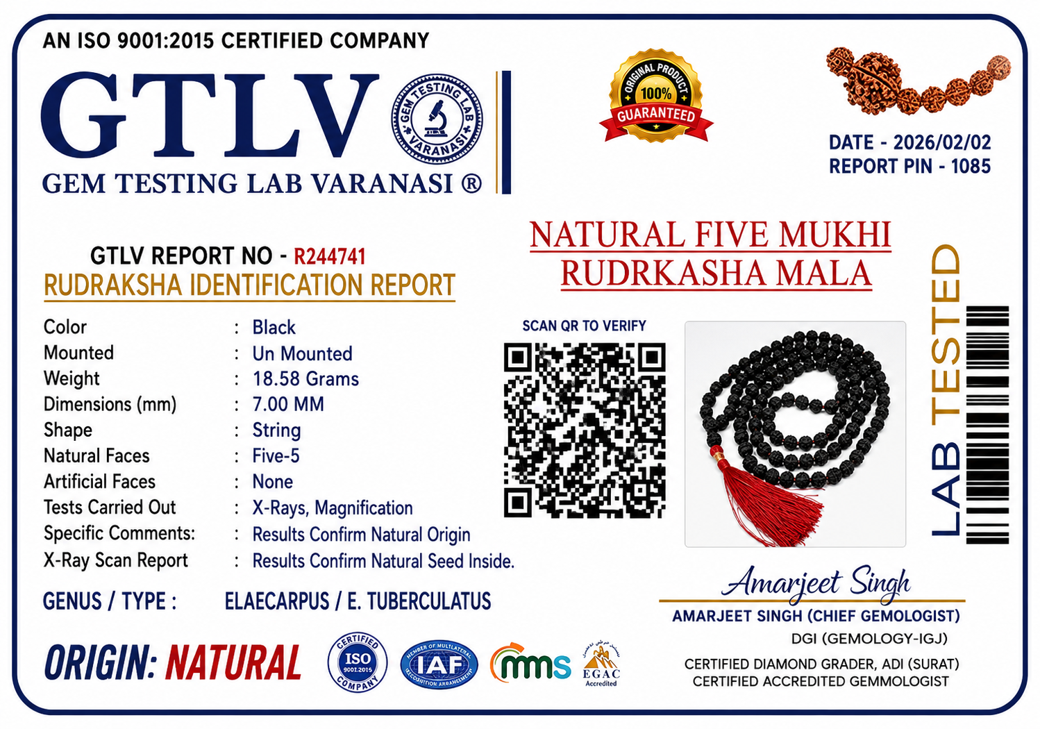 Five Mukhi Rudraksha Mala Black | Natural 108 Beads Japa Mala for Meditation, Protection & Spiritual Practice