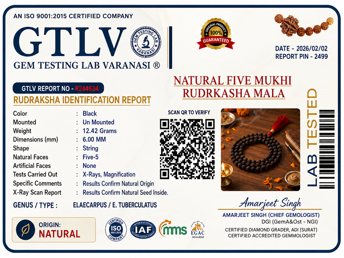 Five Mukhi Rudraksha Mala Black | Natural 108 Beads Japa Mala for Meditation, Protection & Spiritual Practice