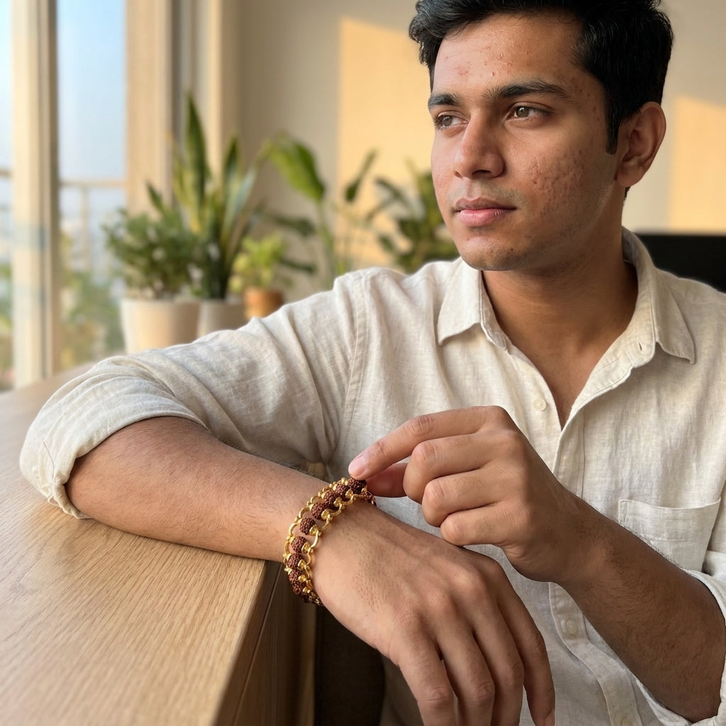 Gold Plated Modern Rudraksha Bracelet (Brass) | Premium Brass Rudraksha Bracelet for Spiritual Style, Daily Wear and Positive Energy