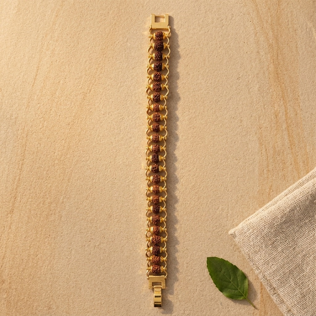 Gold Plated Modern Rudraksha Bracelet | Stylish Rudraksha Bracelet with Gold-Plated Iron Finish for Daily Wear, Spiritual Elegance and Positive Energy