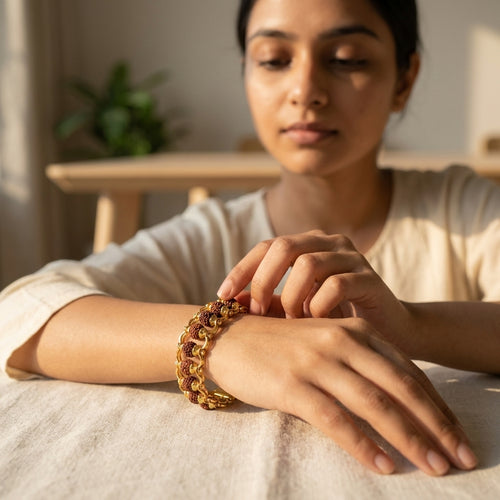 Gold Plated Modern Rudraksha Bracelet (Brass) | Premium Brass Rudraksha Bracelet for Spiritual Style, Daily Wear and Positive Energy