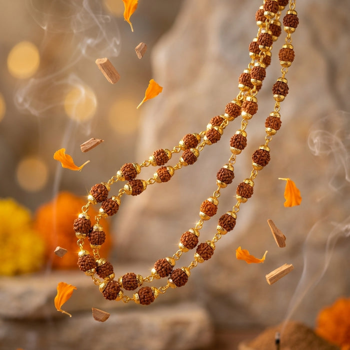 Five Mukhi Rudraksha Mala with Metal Cap | Sacred 5 Mukhi Rudraksha Mala for Spiritual Growth & Meditation