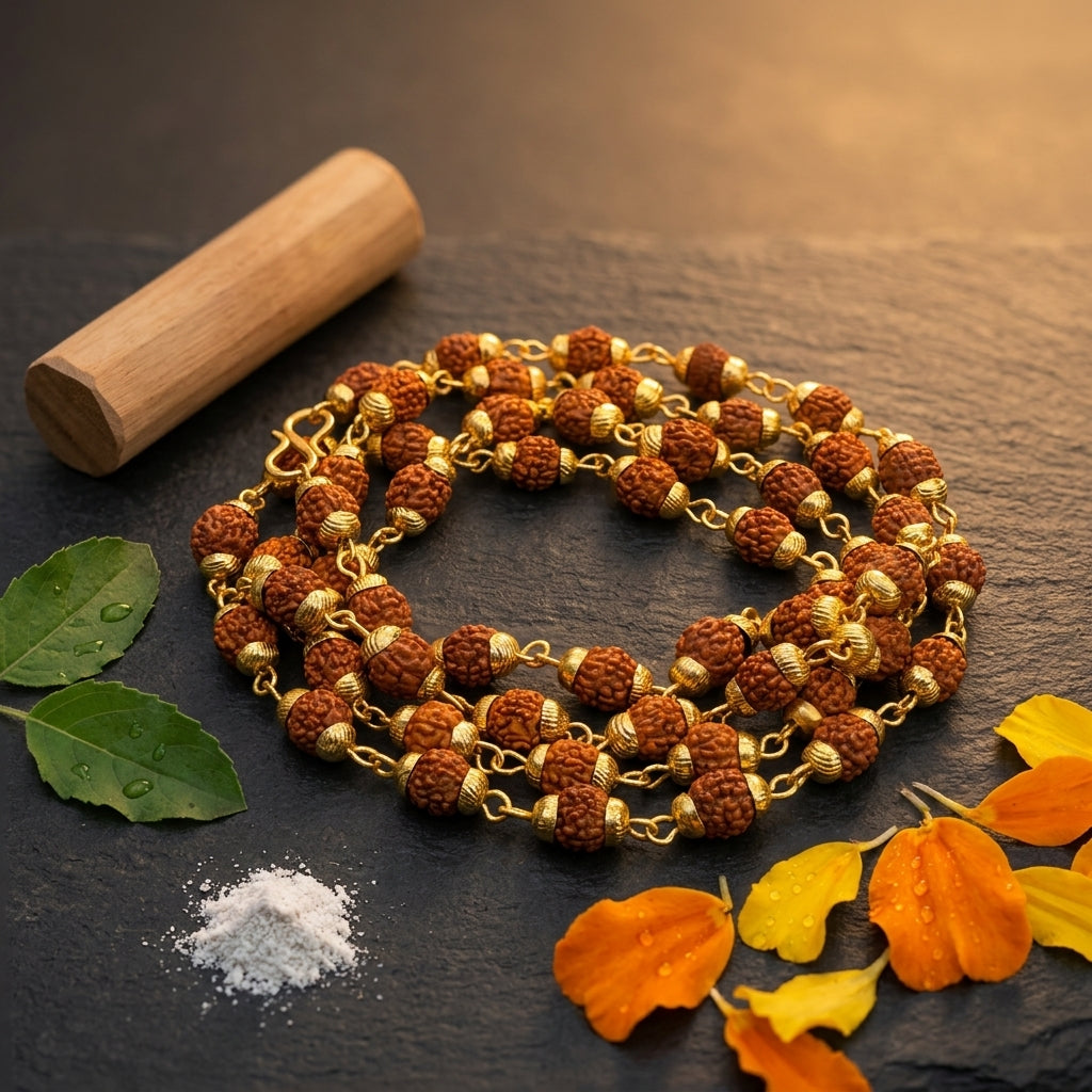 Five Mukhi Rudraksha Mala with Metal Cap | Sacred 5 Mukhi Rudraksha Mala for Spiritual Growth & Meditation