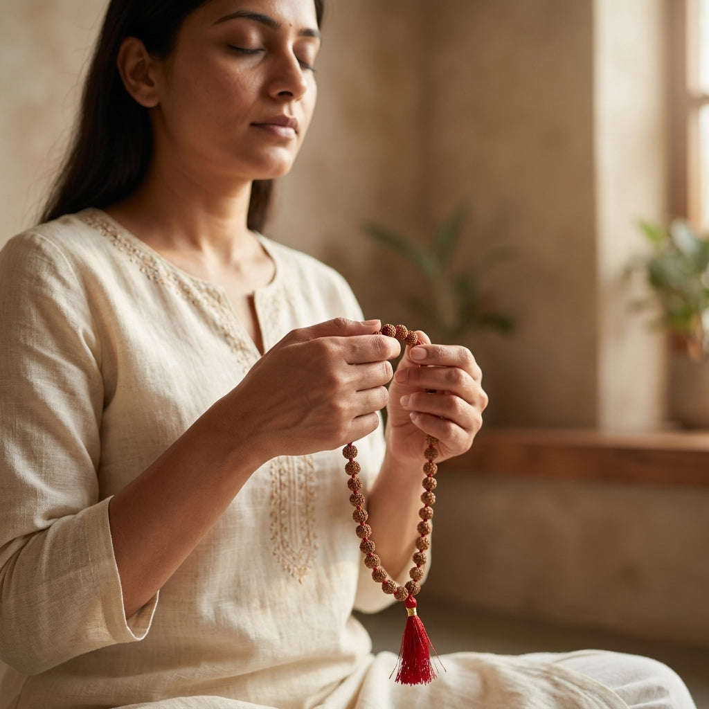Five Mukhi Rudraksha Mala White 6MM | Natural 108 Beads Japa Mala for Meditation, Prayer & Spiritual Growth