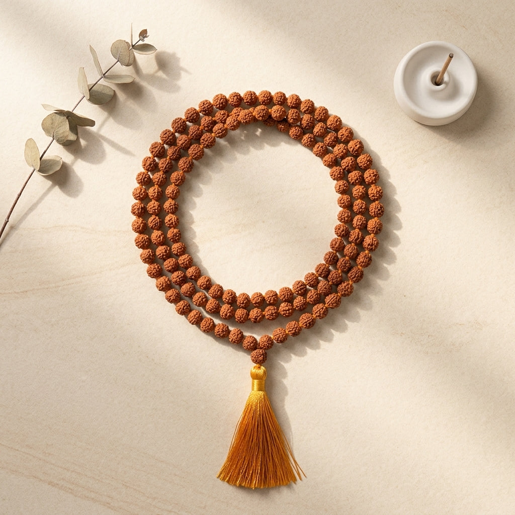 Five Mukhi Rudraksha Mala Brown | Natural 108 Beads Japa Mala for Meditation, Prayer & Spiritual Wellness