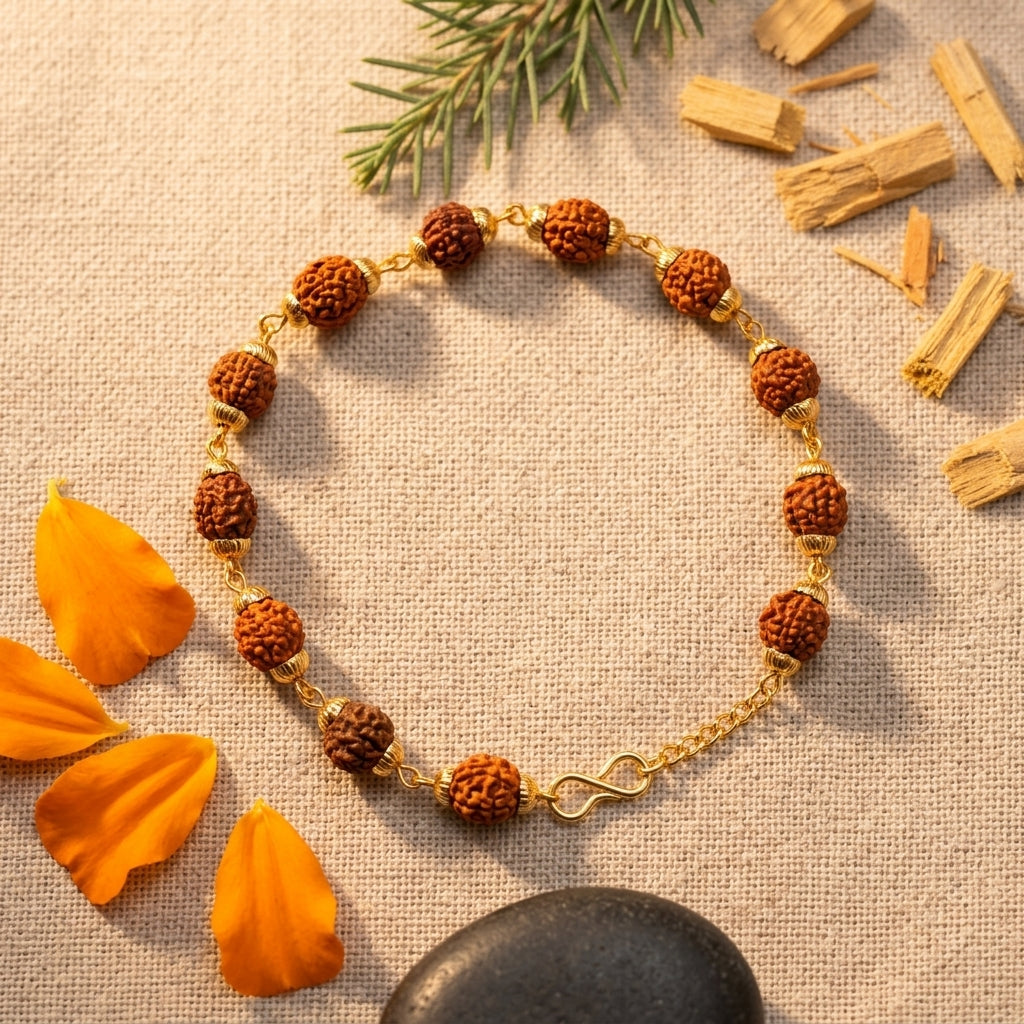 Natural Five Mukhi Rudraksha Bracelet Gold Plated | Premium Spiritual Bracelet