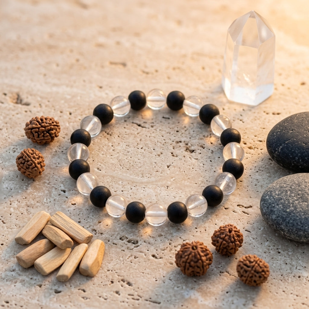 Sphatik Karungali Bracelet | Natural Crystal Quartz & Karungali Wood Bracelet for Protection and Peace