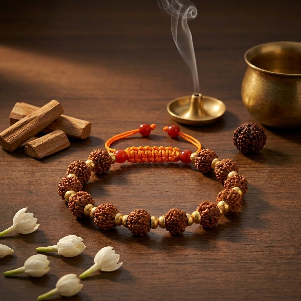 Natural Five Mukhi Rudraksha Bracelet Adjustable | Spiritual Bracelet for Peace & Positive Energy