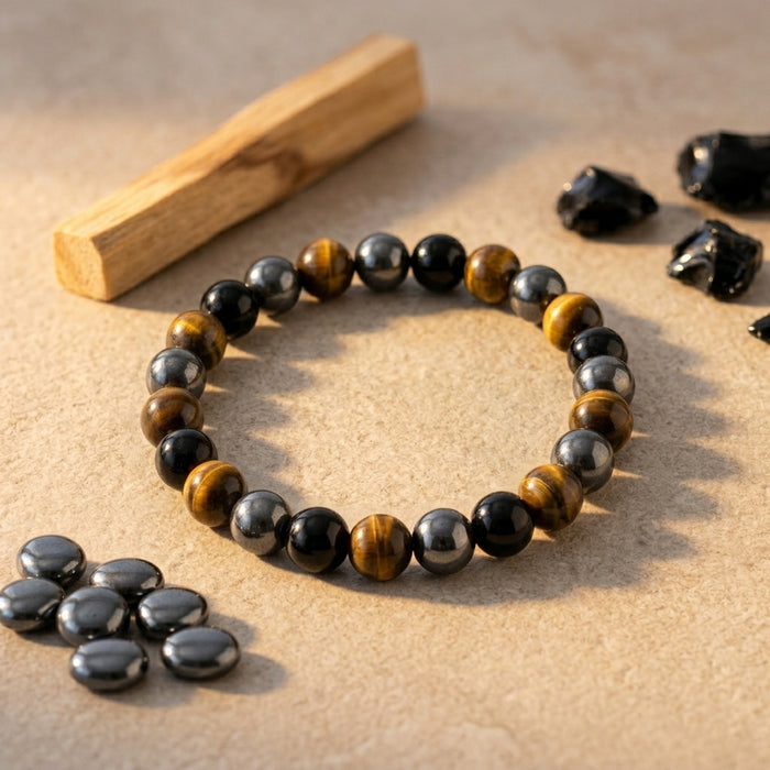 Natural Triple Protection Bracelet | Tiger Eye, Black Obsidian & Hematite Energy Bracelet