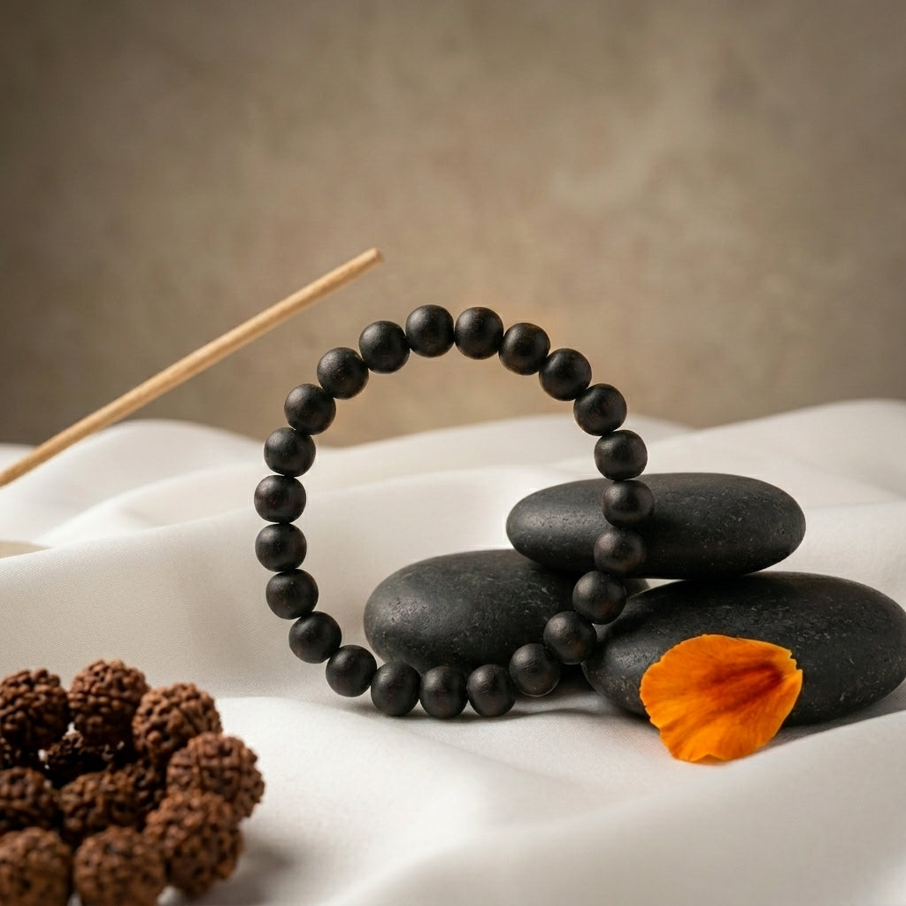 Natural Karungali Bracelet 8MM Elastic | Original Ebony Black Wood Bracelet for Protection & Positive Energy