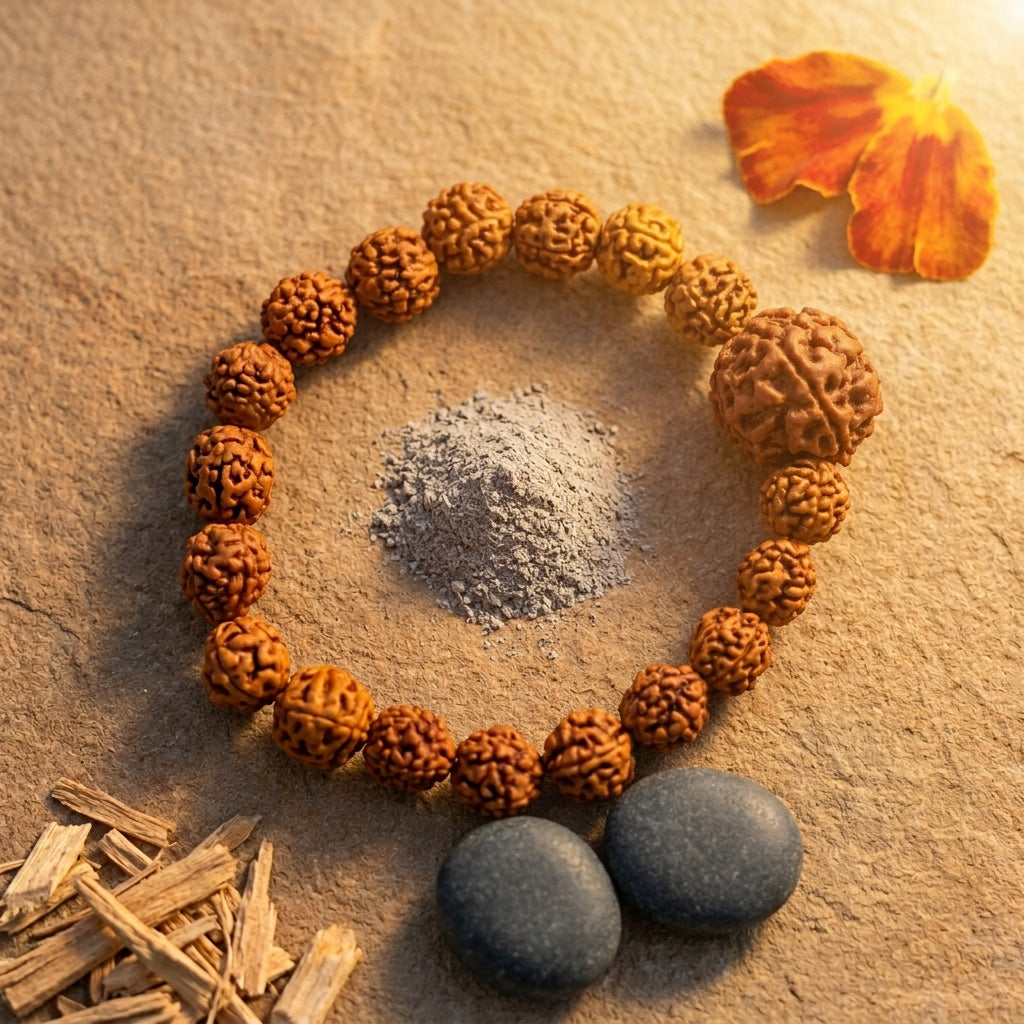 Natural Five Mukhi Rudraksha Bracelet with Premium Big Rudraksha Bead | Brown Elastic Bracelet