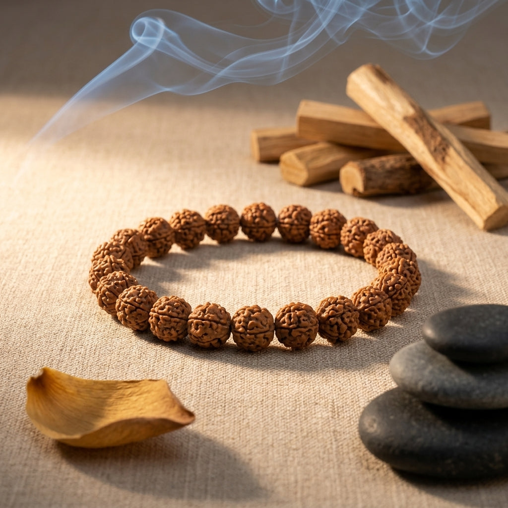 Natural Five Mukhi Rudraksha Bracelet 7MM Elastic White | Spiritual Bracelet for Peace & Focus