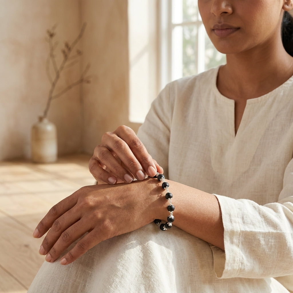 Natural Karungali Bracelet 7MM with Premium Caps | Protection, Positive Energy & Spiritual Balance | Rudriva