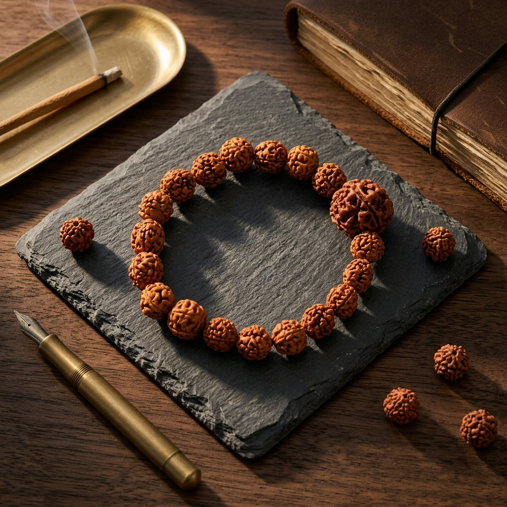 Natural Five Mukhi Rudraksha Bracelet with Premium Big Rudraksha Bead | Brown Elastic Bracelet