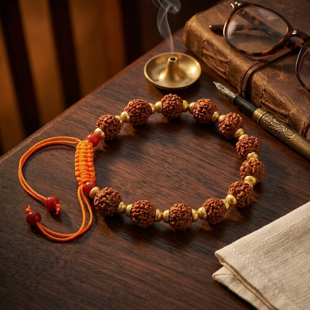 Natural Five Mukhi Rudraksha Bracelet Adjustable | Spiritual Bracelet for Peace & Positive Energy