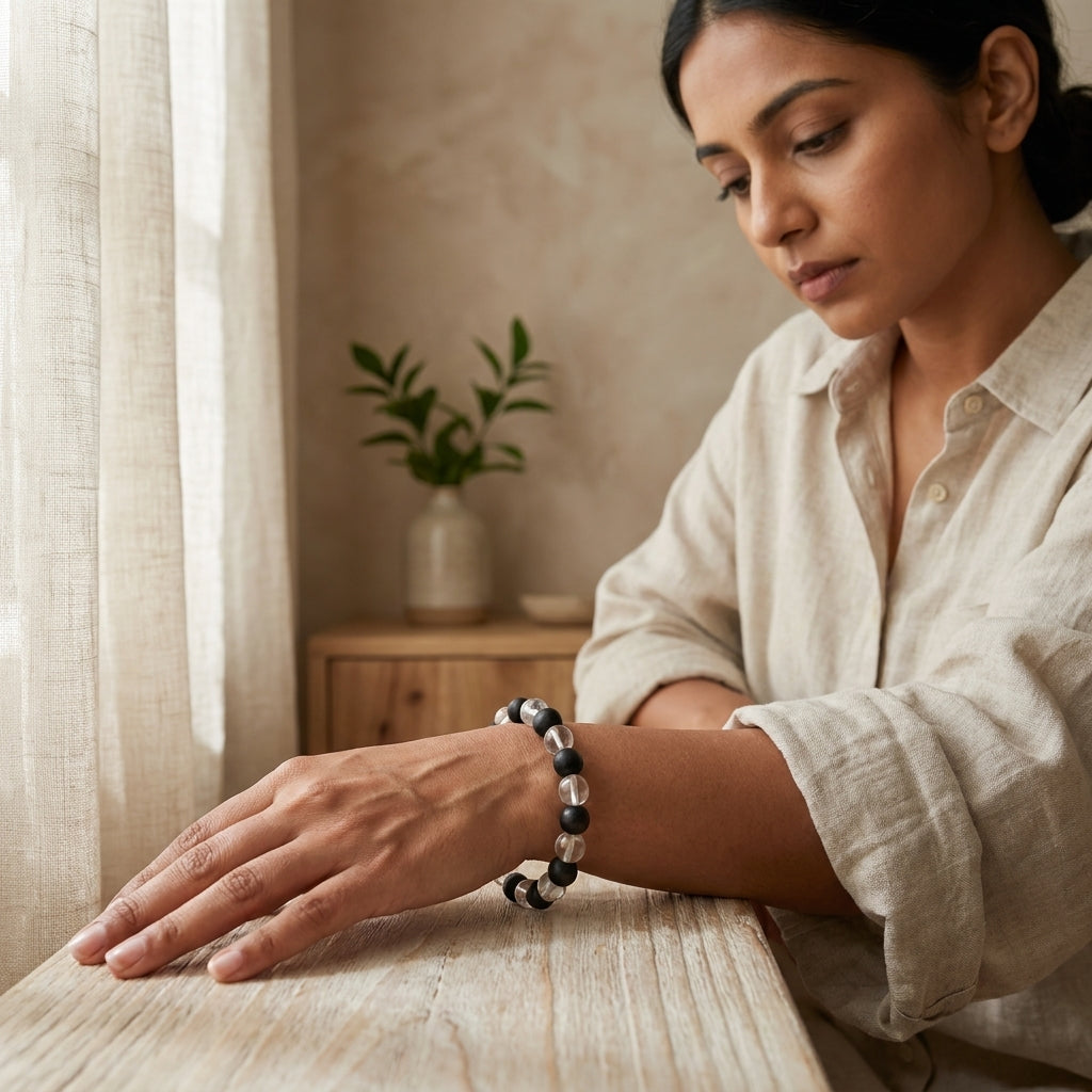 Sphatik Karungali Bracelet | Natural Crystal Quartz & Karungali Wood Bracelet for Protection and Peace