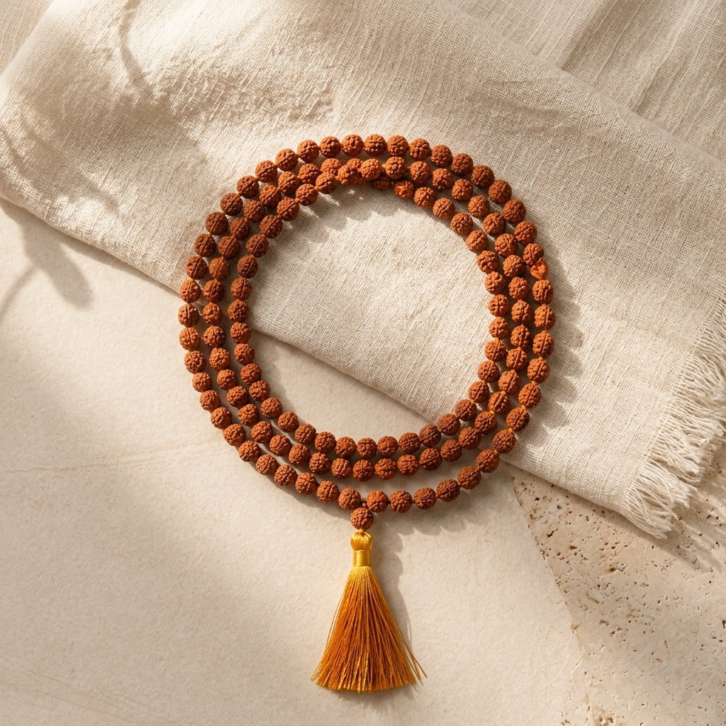 Five Mukhi Rudraksha Mala Brown | Natural 108 Beads Japa Mala for Meditation, Prayer & Spiritual Wellness
