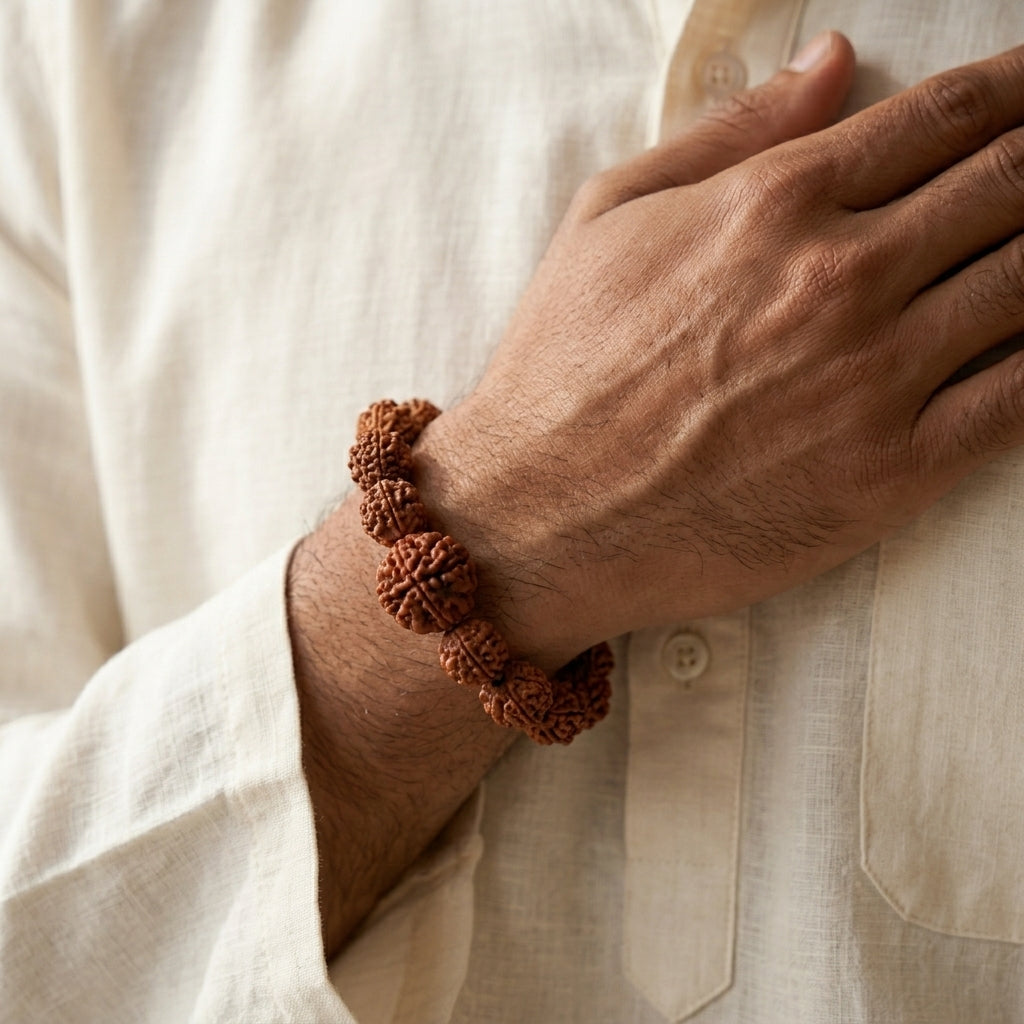Natural Five Mukhi Rudraksha Bracelet with Premium Big Rudraksha Bead | Brown Elastic Bracelet