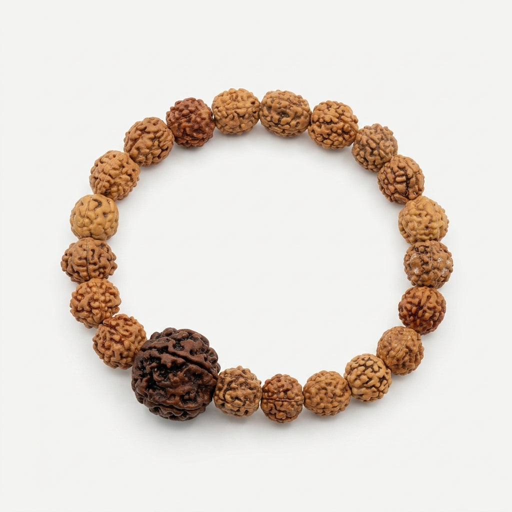 Natural Five Mukhi Rudraksha Bracelet with Premium Big Rudraksha Bead | White Elastic Bracelet