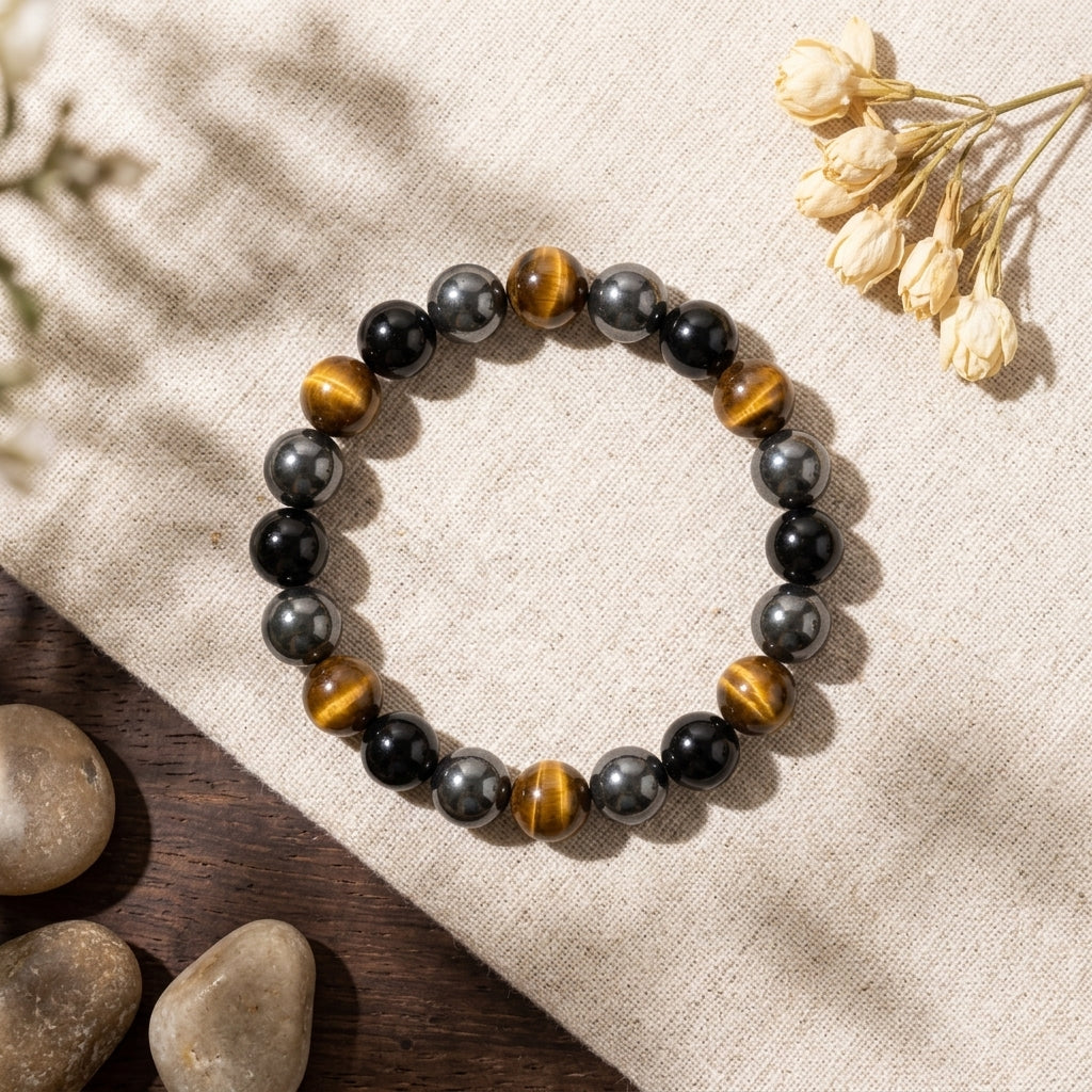 Natural Triple Protection Bracelet | Tiger Eye, Black Obsidian & Hematite Energy Bracelet