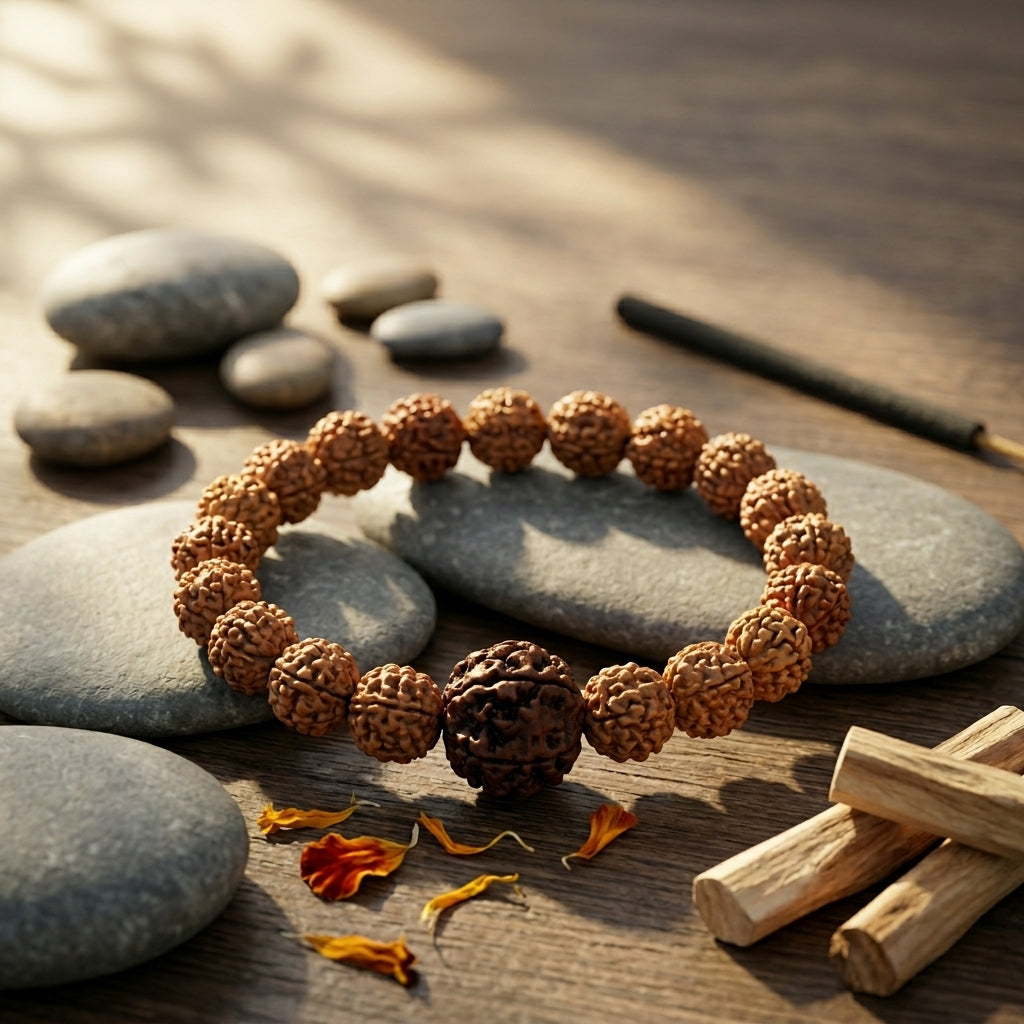 Natural Five Mukhi Rudraksha Bracelet with Premium Big Rudraksha Bead | White Elastic Bracelet
