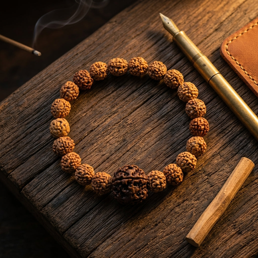 Natural Five Mukhi Rudraksha Bracelet with Premium Big Rudraksha Bead | White Elastic Bracelet