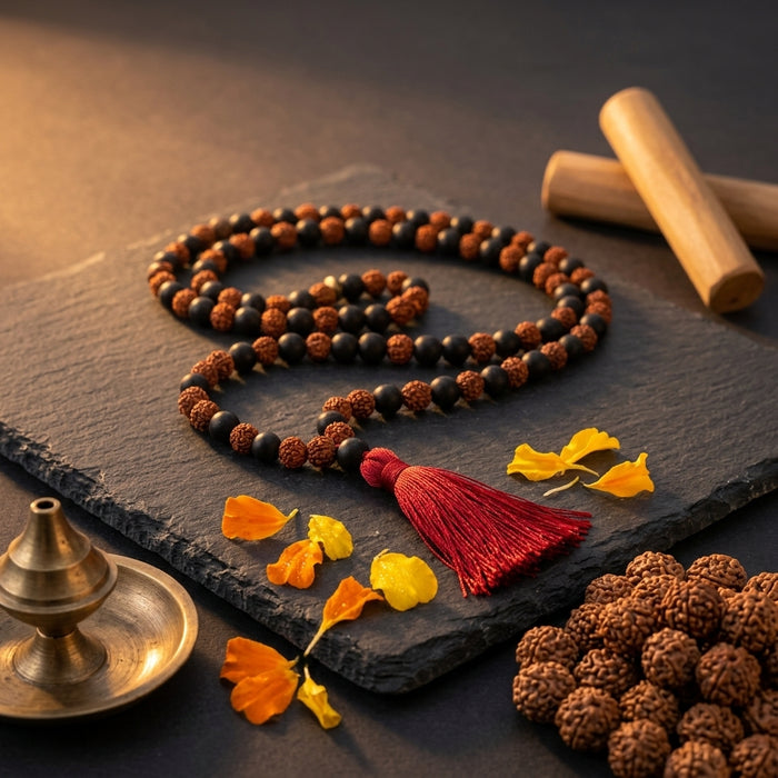 Karungali Rudraksha Mala | Sacred Karungali Wood & Rudraksha 108 Beads Mala for Protection, Meditation and Spiritual Growth