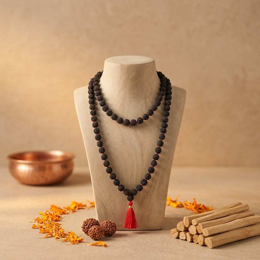 Five Mukhi Rudraksha Mala Black | Natural 108 Beads Japa Mala for Meditation, Protection & Spiritual Practice