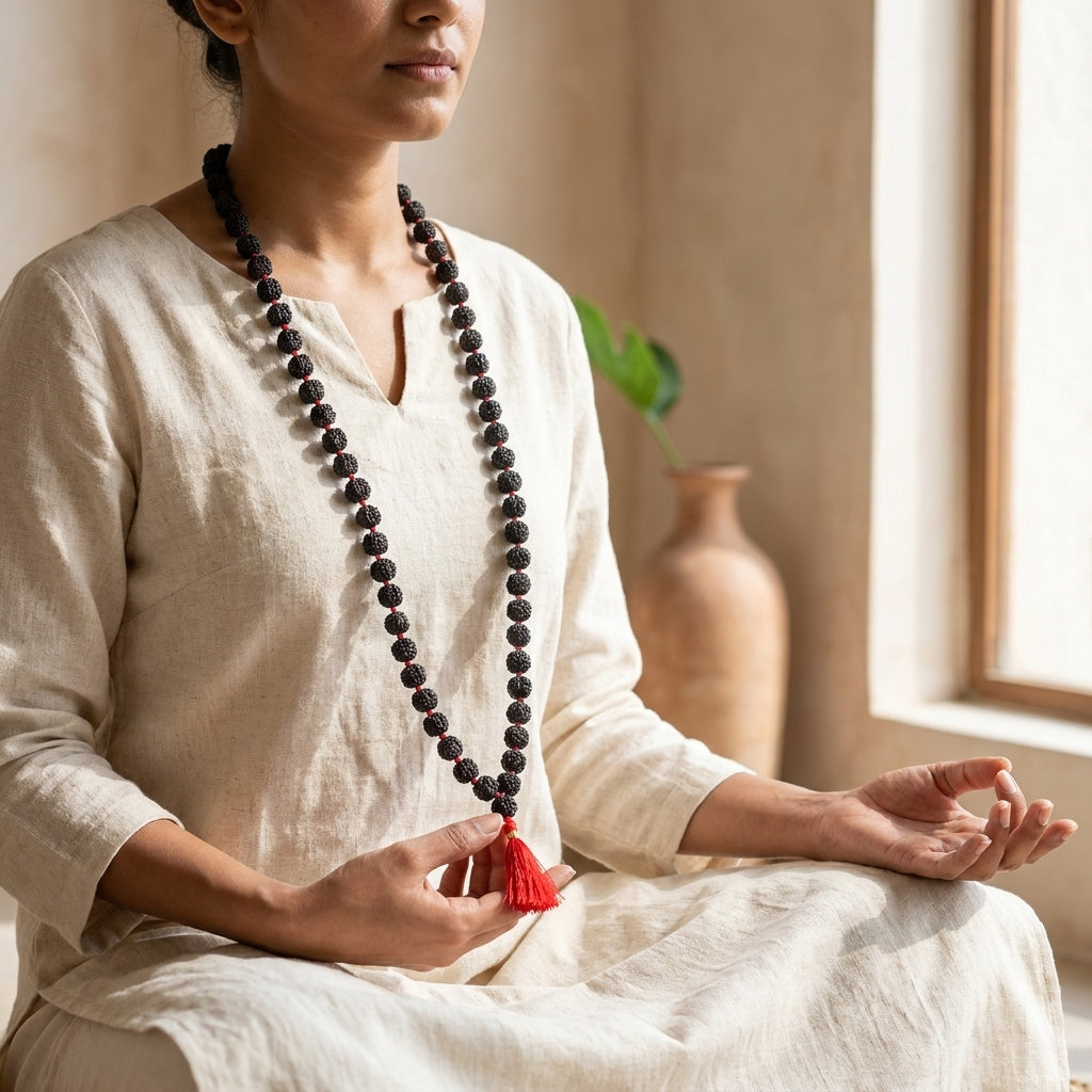 Five Mukhi Rudraksha Mala Black | Natural 108 Beads Japa Mala for Meditation, Protection & Spiritual Practice