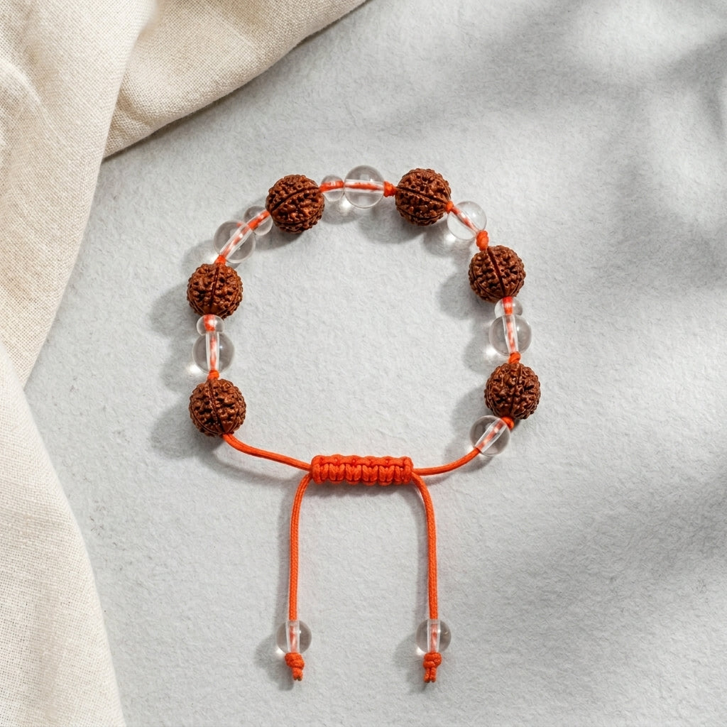Natural Five Mukhi Rudraksha & Crystal Glass Bracelet | Adjustable Spiritual Bracelet for Protection, Positivity & Daily Wear