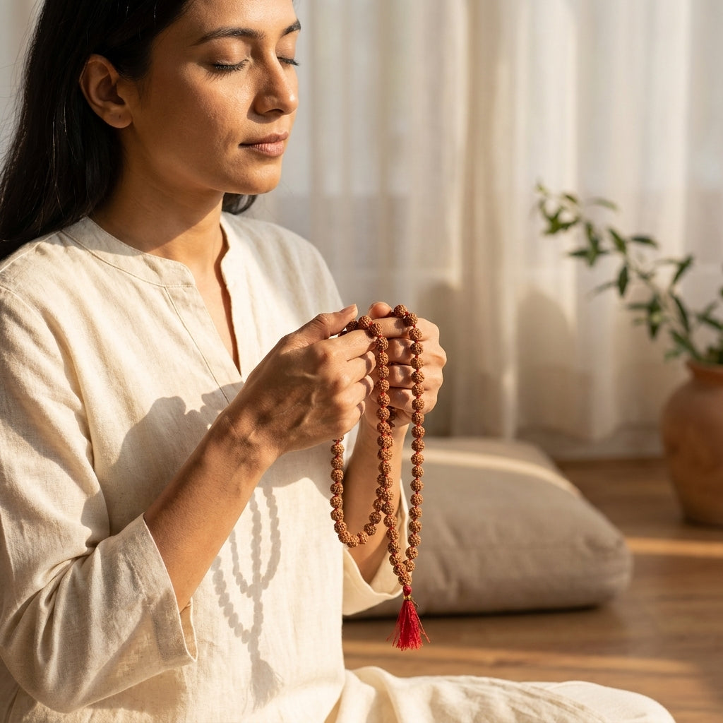 Five Mukhi Rudraksha Mala White 5MM | Natural 108 Beads Japa Mala for Meditation, Prayer & Spiritual Growth