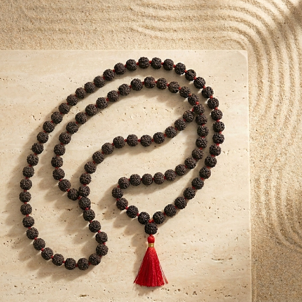 Five Mukhi Rudraksha Mala Black | Natural 108 Beads Japa Mala for Meditation, Protection & Spiritual Practice