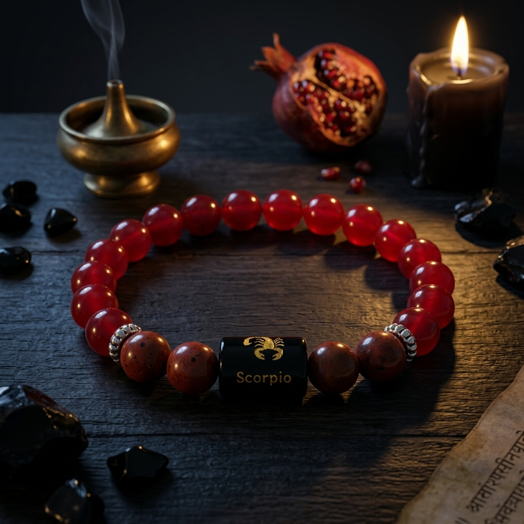 A beaded bracelet made of translucent red gemstone-like beads, with a central black cube charm printed with the Scorpio zodiac symbol and name. The bracelet is displayed on a dark wooden surface surrounded by mystical props including a lit candle, a brass incense burner, a pomegranate, and black crystals.