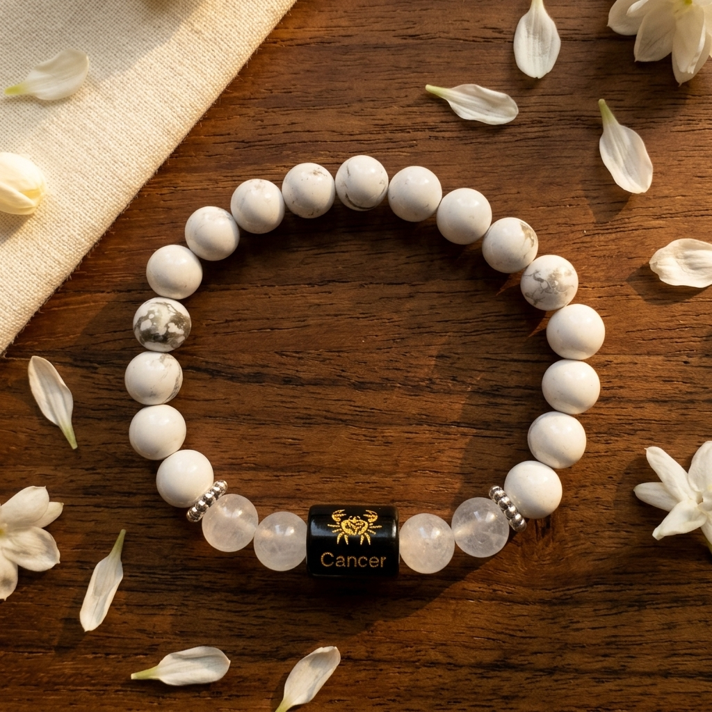 Rock Crystal Howlite Zodiac Bracelet 8MM | Peace, Balance & Calm – कर्क राशि (Cancer)