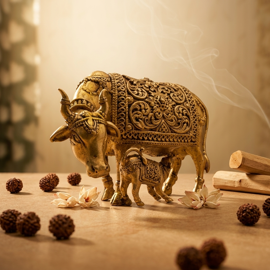 Brass Kamdhenu Cow with Calf Idol | Grand Divine Statue for Home Office Temple