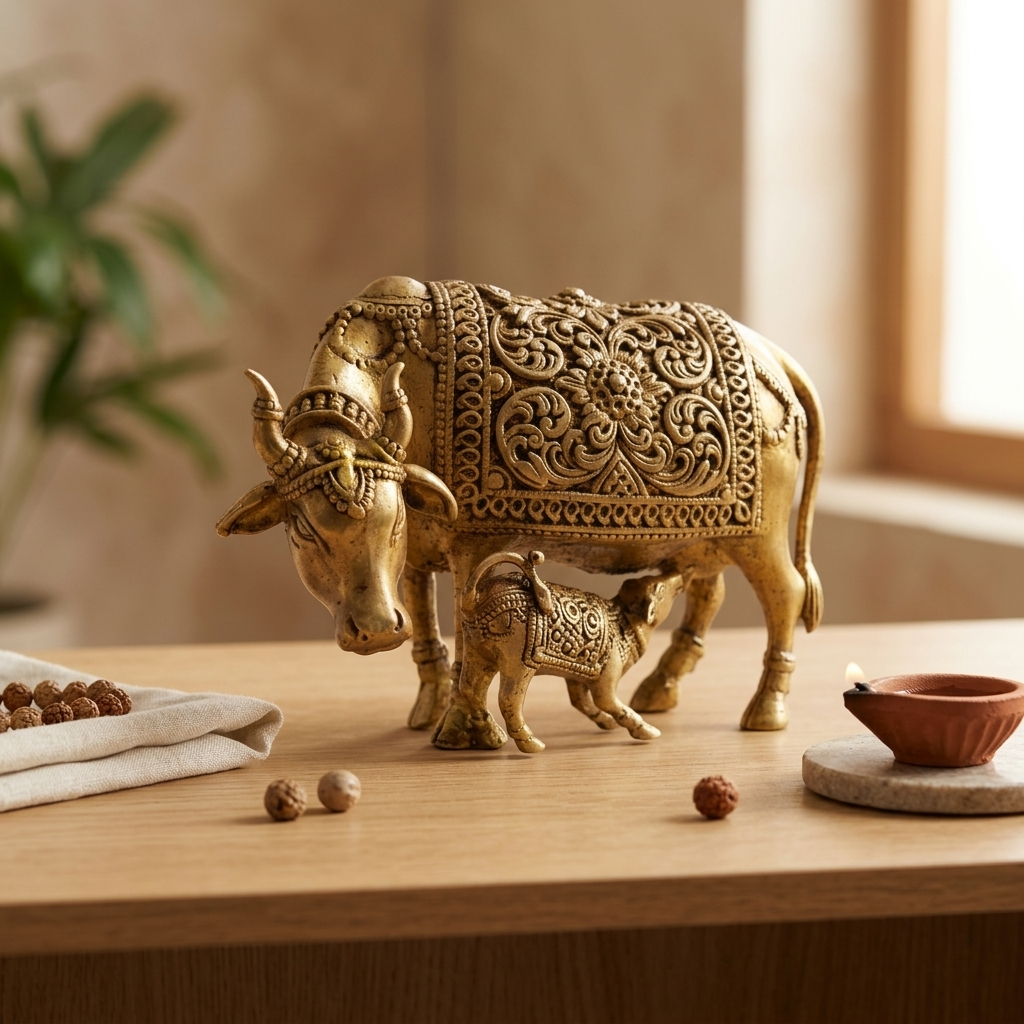 Brass Kamdhenu Cow with Calf Idol | Divine Wish-Fulfilling Cow | Home Temple