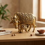 Brass Kamdhenu Cow with Calf Idol | Divine Wish-Fulfilling Cow | Home Temple